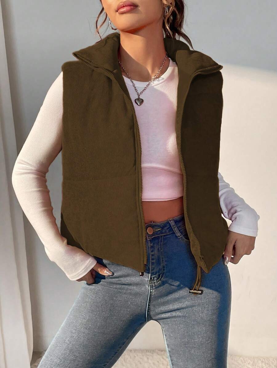 SHEIN Unity 纯色拉链无袖背心夹棉外套 - 咖啡棕 - 查看 1