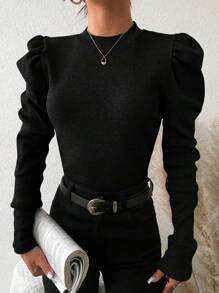 EURMUSE Cotton Half-High Collar Leg-Of-Mutton Sleeve T-Shirt - Black - View 5