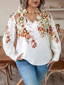 Calvaya Plus Floral Print Notched Neckline Blouse - Red - View 5