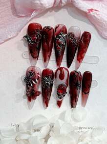 ROMWE Goth 10入組長款風格手工假指甲,隨機圖案,包括果凍膠