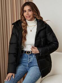 Abrigo acolchado con capucha con cordón y cremallera - Negro - Ver 5