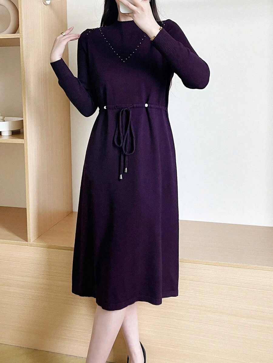 Solid Mock Neck Drawstring Waist Sweater Dress - Purple - View 1