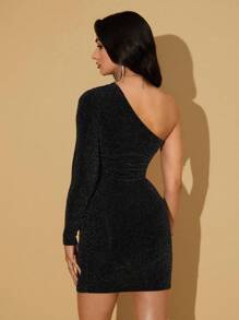 EURMUSE One Shoulder Glitter Bodycon Dress - Black - View 2