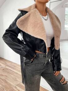 SHEIN Unity Borg Collar Teddy Lined Crop PU Leather Jacket - Black - View 3