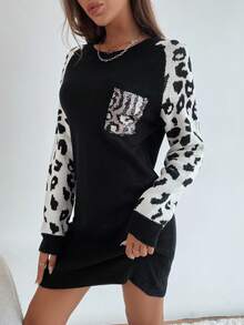 SHEIN Frenchy Hoa văn Báo Tay Raglan Tương phản Sequin Bảng Đầm Áo len - màu đen - Xem 3