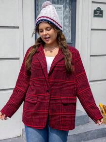 SHEIN EZwear Plus Plaid Print Lapel Neck Flap Detail Blazer - Red - View 5