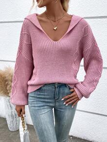 SHEIN LUNE Xoắn Dan Thả vai áo có mũ Áo len - Hồng - Xem 5