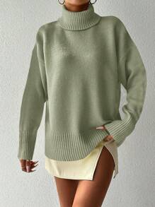 EURMUSE Turtleneck Drop Shoulder Sweater - Olive Green - View 5