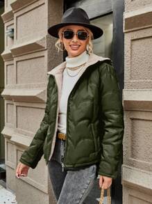 SHEIN LUNE 女士纯色前拉链连帽保暖内衬短款休闲加厚棉服外套，冬季服装 - 軍綠色 - 查看 3