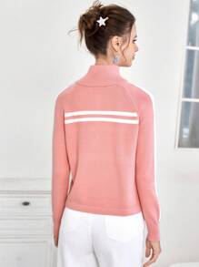 SHEIN EZwear 條紋圖案插肩袖拉鏈開襟開襟衫 - 粉色 - 查看 2