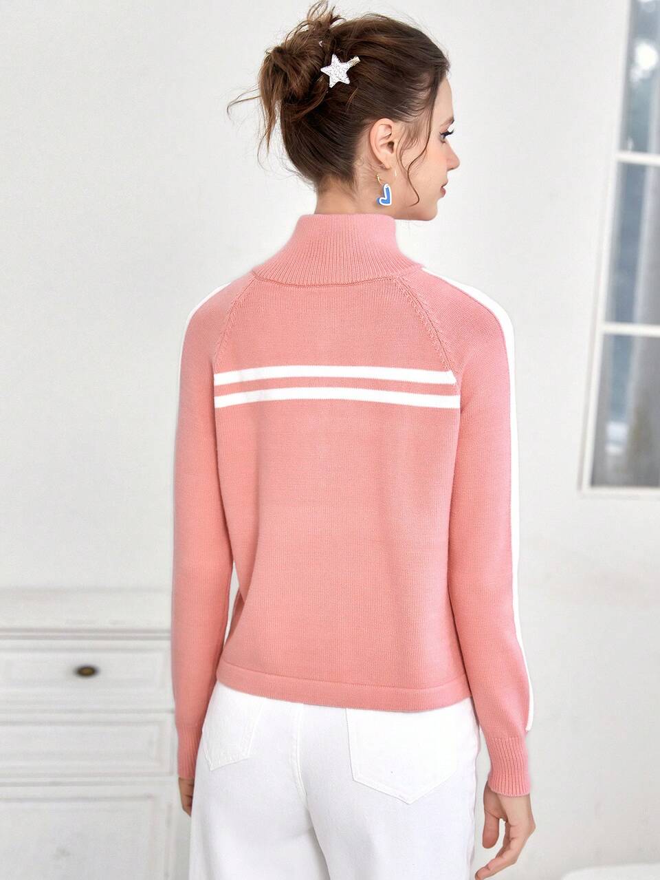 Striped Pattern Raglan Sleeve Zip Up Cardigan