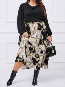 SHEIN Clasi 大碼錬條圖案垂領燈籠袖洋裝 - 彩色 - 查看 1