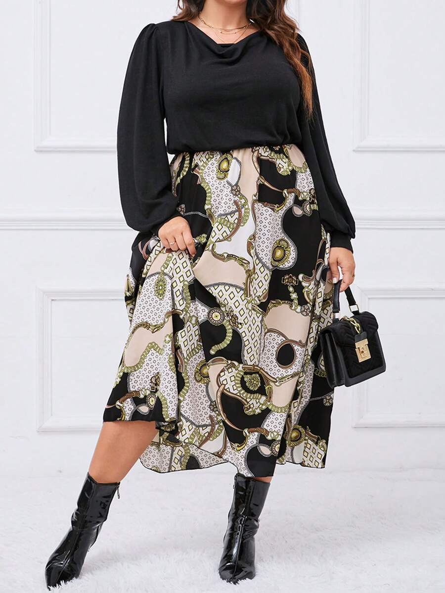 SHEIN Clasi 大碼錬條圖案垂領燈籠袖洋裝 - 彩色 - 查看 1