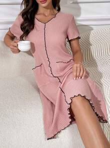 Contrast Piping Lettuce Trim Pocket Patched Waffle Knit Lounge Dress - Dusty Pink - View 1
