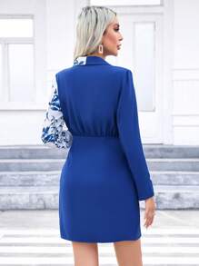 SHEIN Privé Floral Print Fitted Dress - Blue - View 2