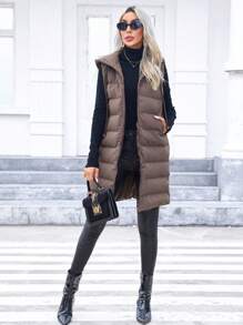 SHEIN Privé 拉鏈開襟連帽羽絨背心大衣 - 咖啡棕 - 查看 4