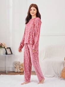 Teen Girl Floral Jacquard Velvet PJ Set - Pink - View 3