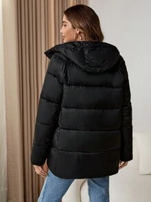 Abrigo acolchado con capucha con cordón y cremallera - Negro - Ver 2