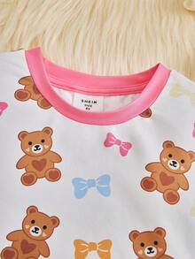 SHEIN Cô Gái Trẻ Gấu & In nơ Tương phản ràng buộc Vừa Khít Bộ PJ - Nhiều màu - Xem 7