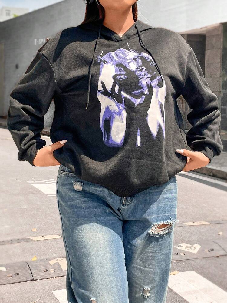 Plus Size Figure Print Drop Shoulder Drawstring Sweatshirt Pullover Fall Sweatshirt