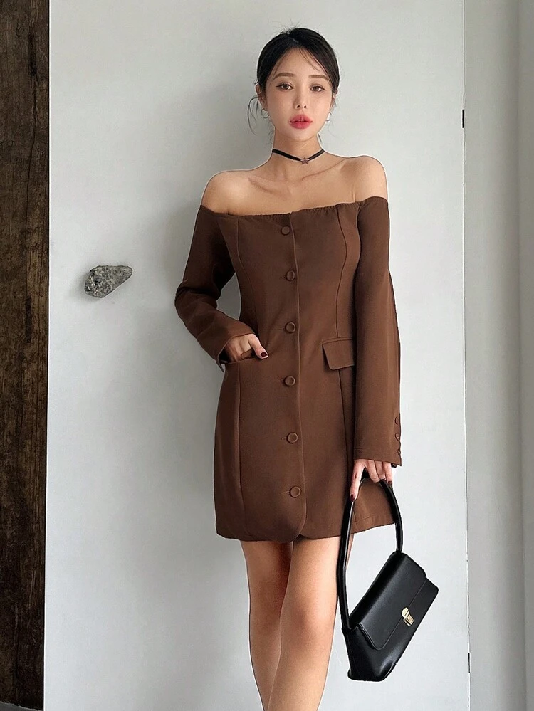 Off Shoulder Button Front Flap Pocket Dress