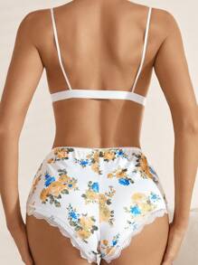 Floral Print Contrast Lace Wireless Bra & Panty - Multicolor - View 3