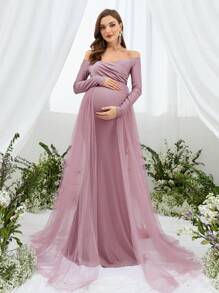 Vestido elegante para embarazadas con superposición de malla y hombros descubiertos, para fiestas - Rosa vieja - Ver 2