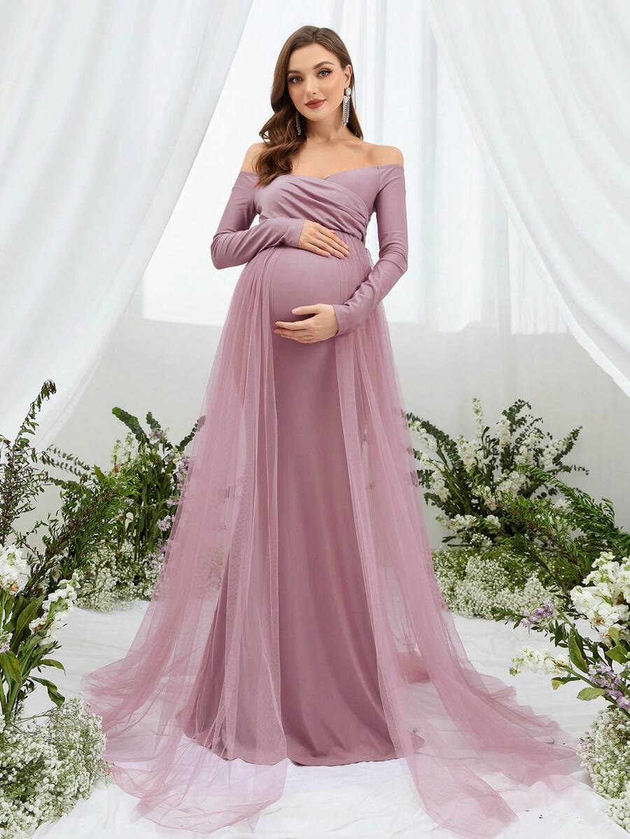 Vestido elegante para embarazadas con superposición de malla y hombros descubiertos, para fiestas