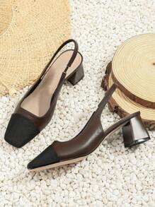 Xin Jing Shoes 女士新款简约方头套脚高跟鞋，时尚粗跟通勤鞋 - 咖啡棕 - 查看 4