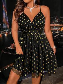 Plus Gold Dot Print Mesh Overlay Cami Dress - Black - View 5