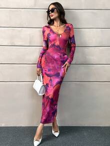 SHEIN Privé 紮染深V領魚尾裙下擺緊身洋裝 - 玫紅色 - 查看 4