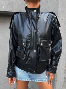 EURMUSE Flap Pocket Drop Shoulder PU Leather Jacket - Black - View 4