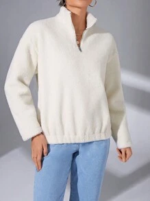 SHEIN Essnce Chất rắn Một nửa khóa kéo Teddy Áo nỉ - Màu be - Xem 3