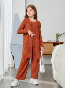 SHEIN Cô gái Tween 1 Miếng Túi Kép Mở Mặt trước áo & 1 Miếng Cami ngọn & 1 Miếng Quần - Rỉ Nâu - Xem 1