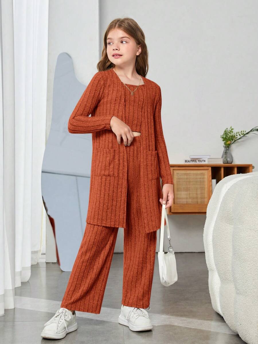 SHEIN Cô gái Tween 1 Miếng Túi Kép Mở Mặt trước áo & 1 Miếng Cami ngọn & 1 Miếng Quần - Rỉ Nâu - Xem 1