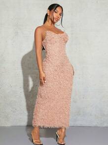 SHEIN SXY Feather Pink Dress For Women, Suitable For Dating And Party Occasions - Khaki - View 5