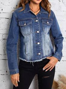 SHEIN LUNE Giacca in denim tasca con patta bordo grezzo - Blu lavato medio - Visualizzare 4