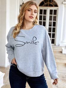 SHEIN Franclia 大碼字母圖案落肩袖運動衫 - 灰色 - 查看 3