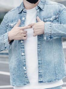 Claim Dot Men Flap Pocket Denim Shirt - Baby Blue - View 7