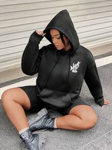SHEIN EZwear Plus Size Letter & Figure Print Drop Shoulder Sweatshirt - Black - View 2