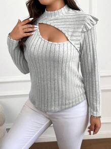 SHEIN Franclia Hơn Cắt ra Cổ giả Viền Ruffle Áo thun - Xám - Xem 7