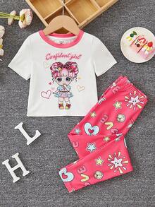 SHEIN Young Girl Cartoon Graphic Contrast Binding PJ Set - Pink - View 6