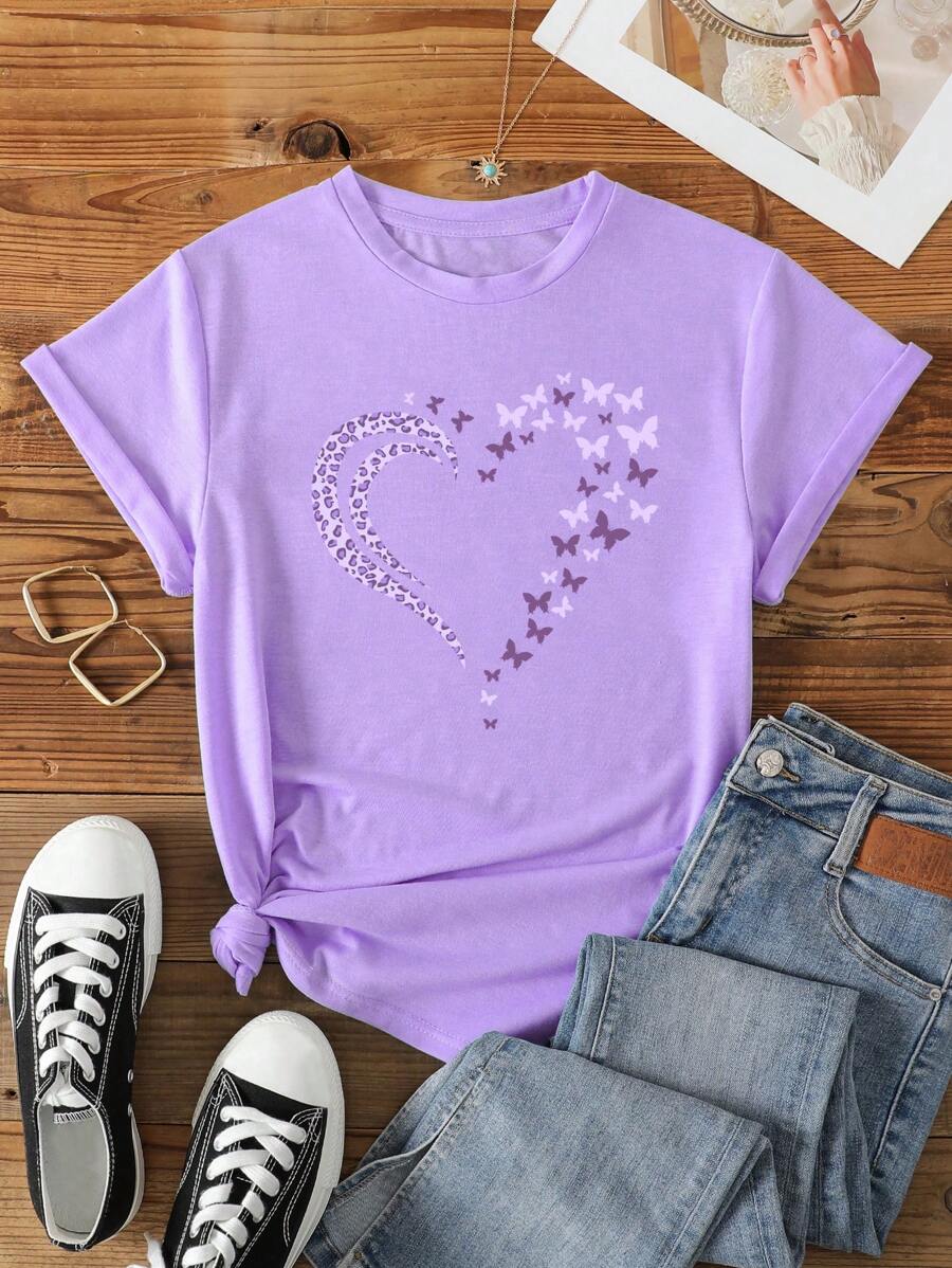 INAWLY Áo thun họa tiết bướm và báo cỡ lớn cho mùa hè - Màu tím hoa cà - Xem 1