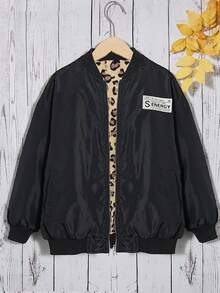 SHEIN Tween Girl Letter Patched Detail Drop Shoulder Zipper Bomber Jacket - Multicolor - View 5