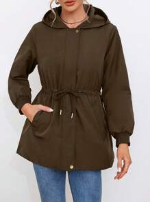 Aveloria Winter Clothes Casual Solid Color Drawstring Hooded Padded Padded Coat - Coffee Brown - View 4