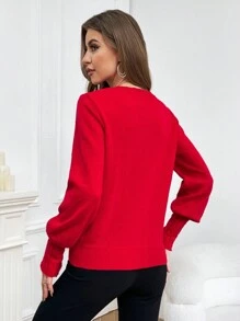 SHEIN Privé Lantern Sleeve Pom Pom Detail Sweater - Red and White - View 2