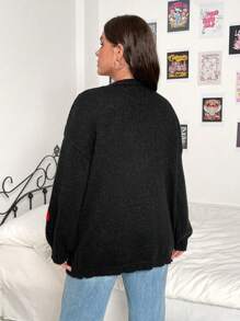 Flirla Plus Mushroom Embroidery Drop Shoulder Cardigan - Black - View 2
