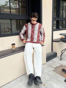 Manfinity Hypemode Men 1pc Argyle Pattern Drop Shoulder Sweater - Multicolor - View 4