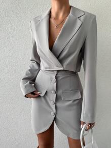 EURMUSE Lapel Neck Crop Blazer & Flap Detail Button Front Skirt - Grey - View 4