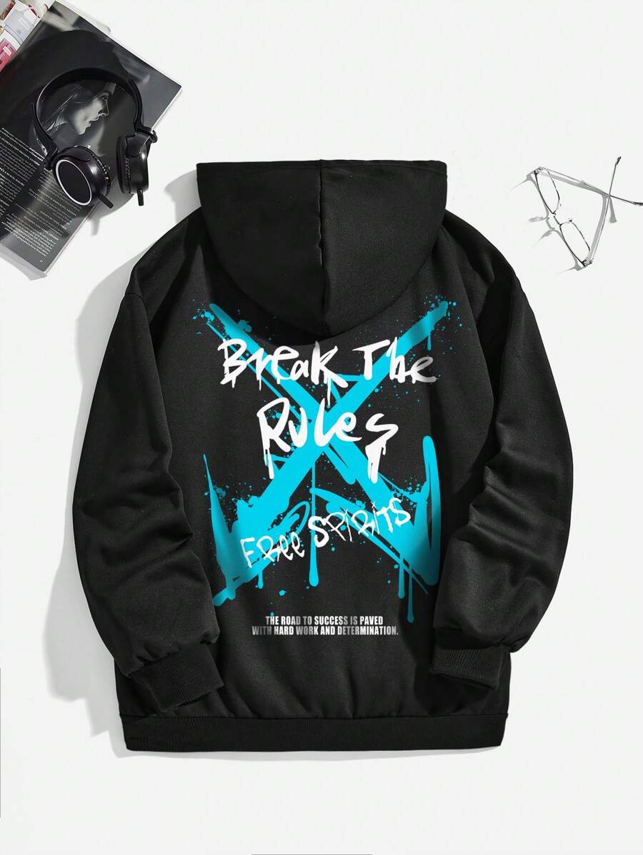 青少年男孩标语图案卫衣 - 黑色 - 查看 1